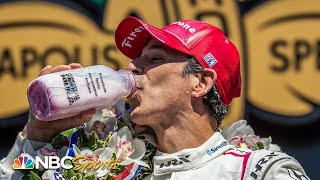 Indy 500 Helio Castroneves kisses the bricks rides lift to IMS Victory Circle  Motorsports on NBC [upl. by Ramburt433]