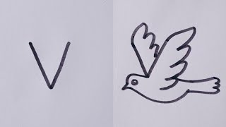 How to draw a Flying bird Dove Easy drawing step by stepFlying bird from letter V [upl. by Cathryn]