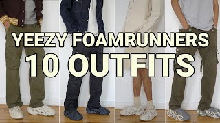 HOW TO STYLE YEEZY FOAM RUNNERS  10 AFFORDABLE OUTFIT IDEAS  SAND MINERAL BLUE MXT MOON GREY [upl. by Lemuelah]