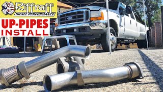 2001 F350 73  RiffRaff UpPipes Install  Stock up pipes leaking and falling apart JUNK SP [upl. by Neened]