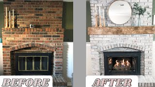 HOW TO WHITEWASH A BRICK FIREPLACE  DIY MANTLE [upl. by Anelrihs]